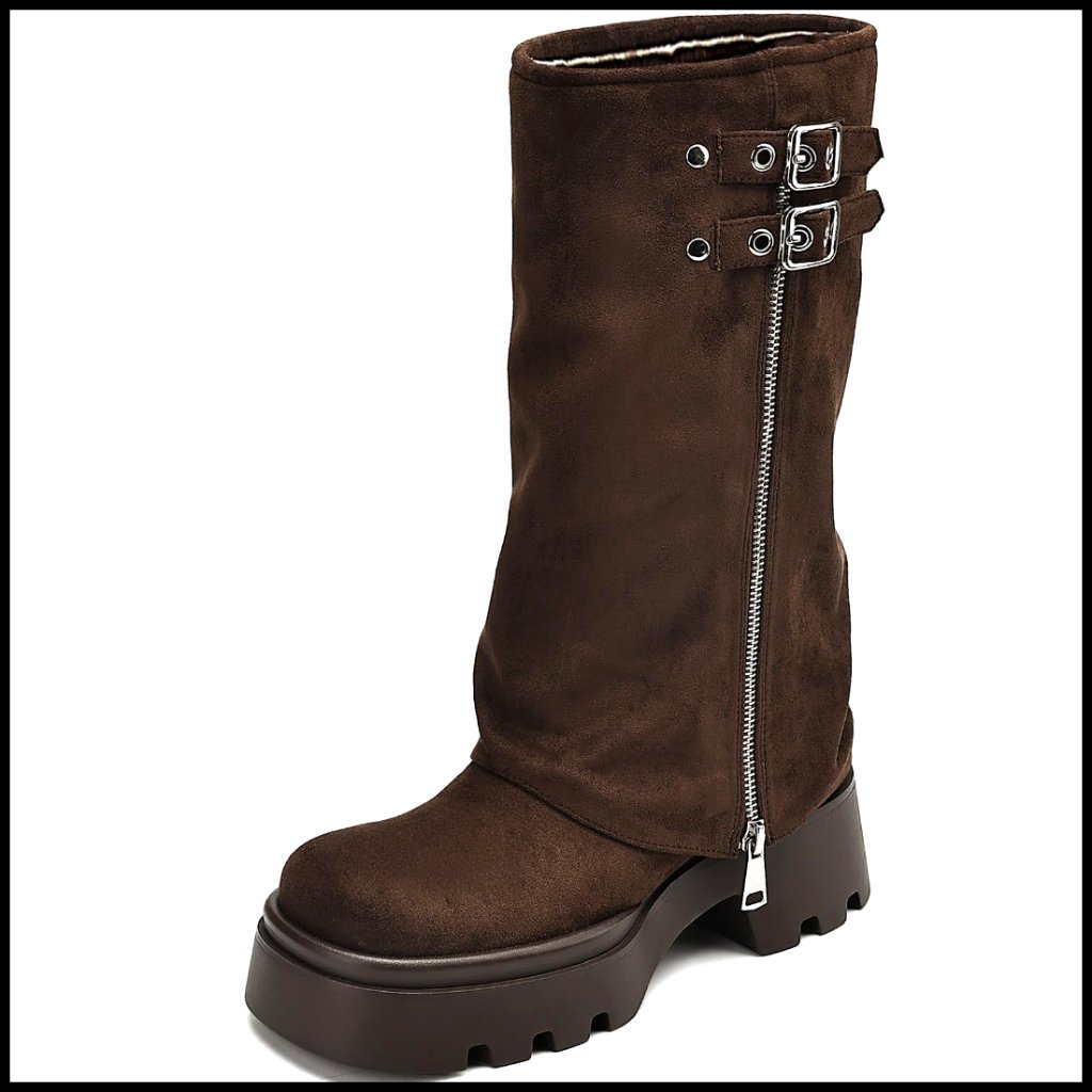 Knee High Platform Moto Boots Chunky Heel Slouchy Fold Over Wide Calf Riding